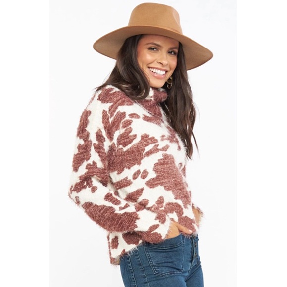 SMYM Frances Holy Cow Print Cowl Neck Fuzzy Sweater - Picture 2 of 11